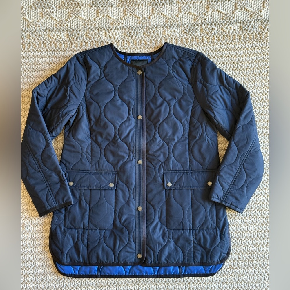 Talbots Quilted Collarless Coat Snap Button Navy Blue Women’s Size M Outerwear